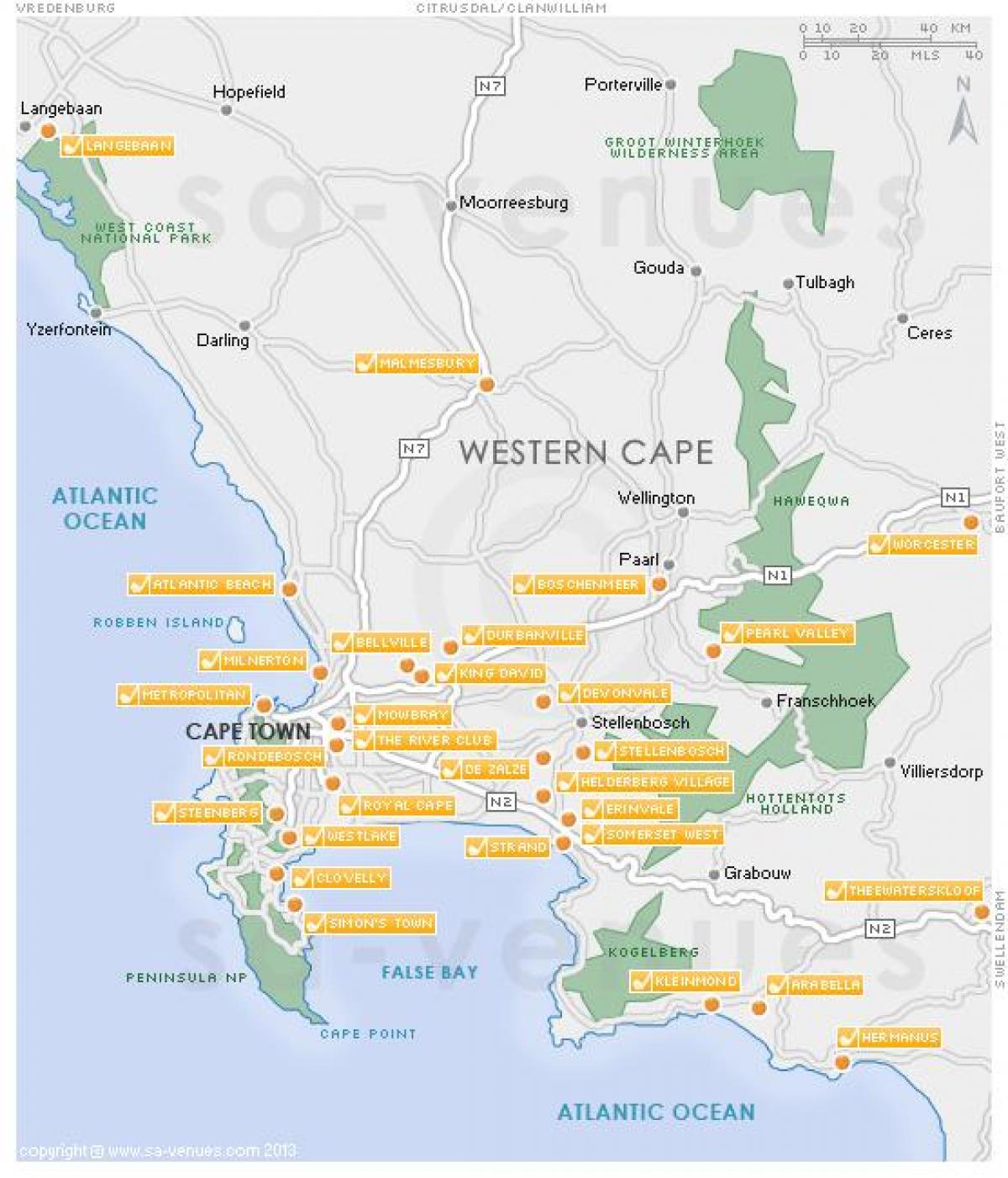 kort over Cape Town golfbaner 