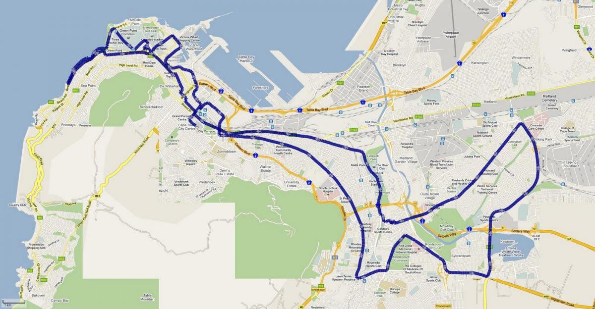 kort over Cape Town marathon ruten 