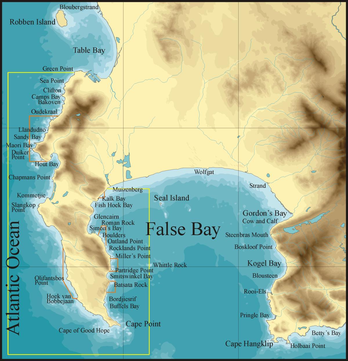 kort over false bay, Cape Town