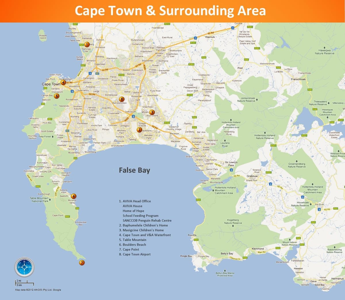kort over Cape Town og de omkringliggende områder