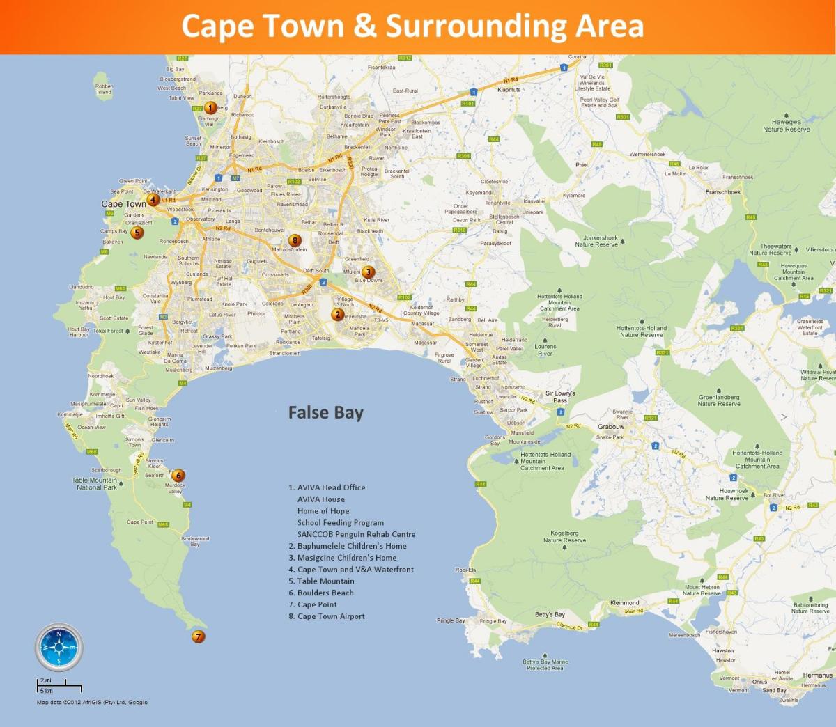 kort over Cape Town og de omkringliggende områder
