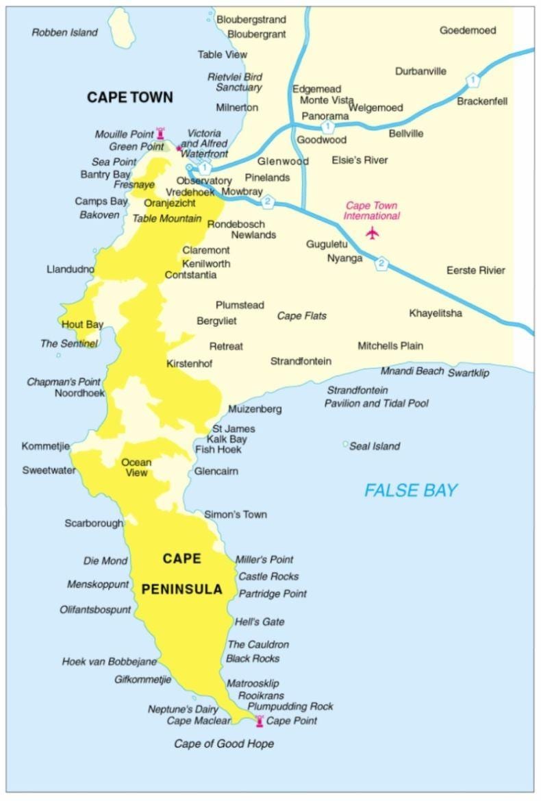 kort over kap-halvøen Syd Afrika