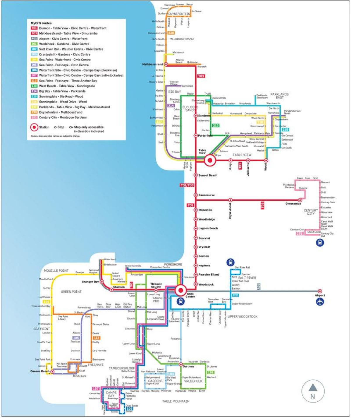 Cape Town myciti bus rute kort