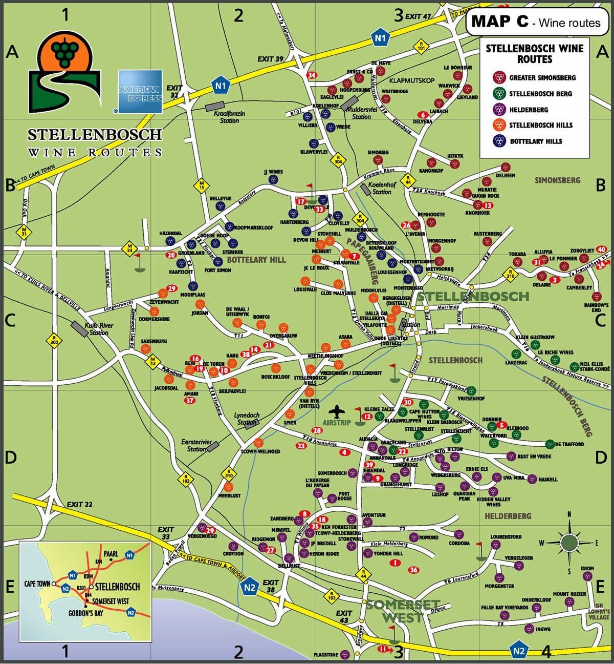 kort vin rute, køreplan Cape Town