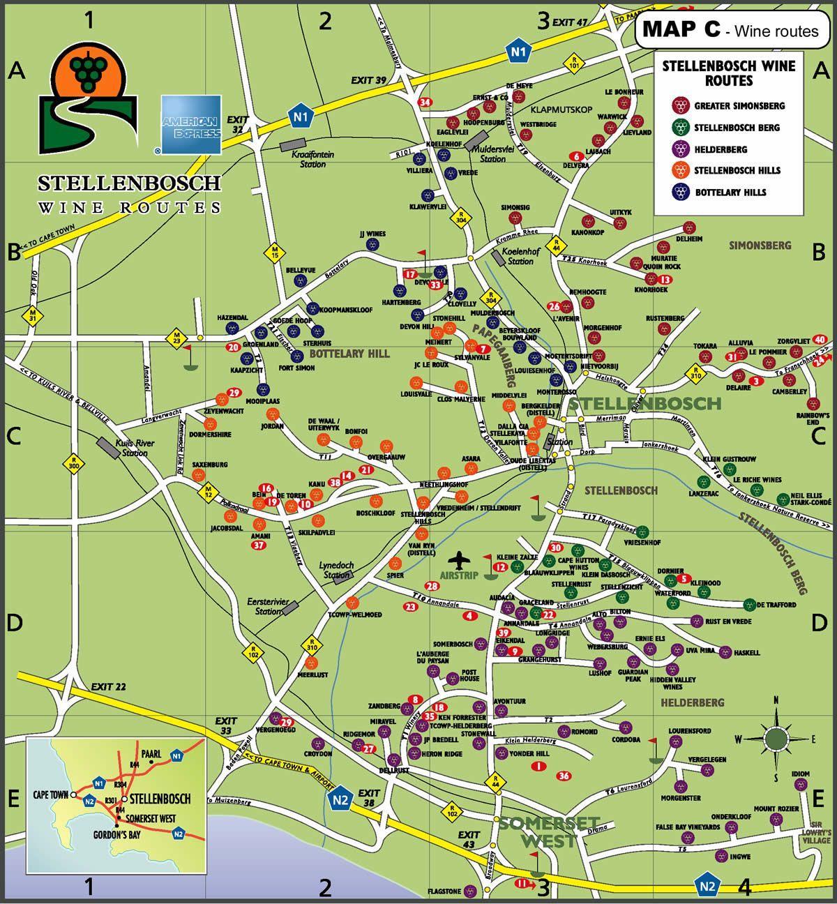 kort vin rute, køreplan Cape Town
