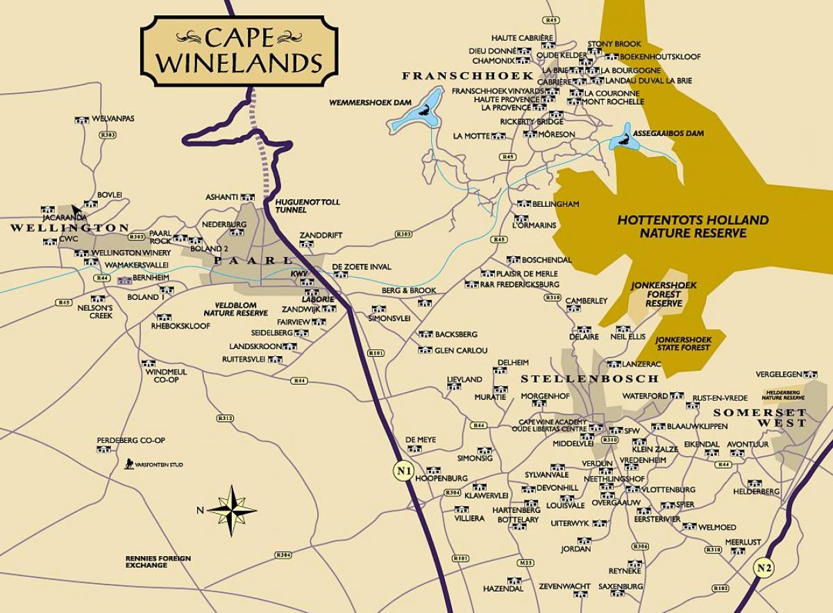 kort over winelands Cape Town